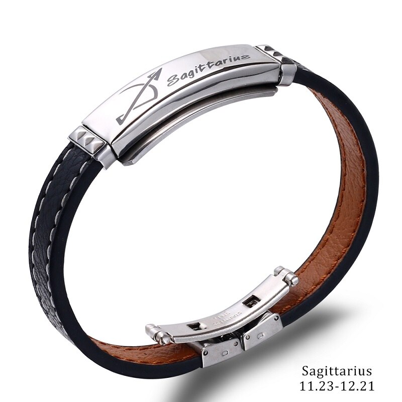 Pulsera de acero inoxidable con 12 Constelaciones para hombre, joyería de , Charm, cuero negro, signos del zodiaco informales, Punk,: Sagittarius