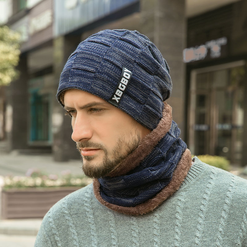 Vinter mössor scarf set varm stickad mössa döskalle halsvärmare med tjock fleecefodrad vintermössa och halsduk för män kvinnor: Marinblå