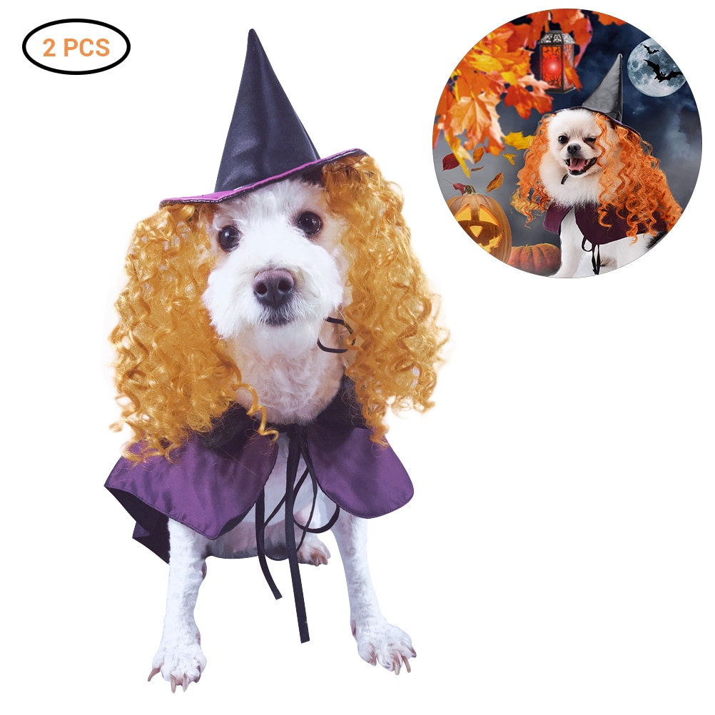 Ropa de gatito gracioso y mono, disfraz de bruja para Halloween, juego de disfraz de Juguete para perro, incluye gorro, capa, ropa de Halloween, vestido para de gatos: L