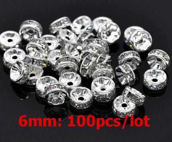 6mm 100 sztuk Metal srebrny Plated kryształ Rhinestone Rondelle koraliki dystansowe luzem koraliki dla DIY akcesoria do wyrobu biżuterii Supplie