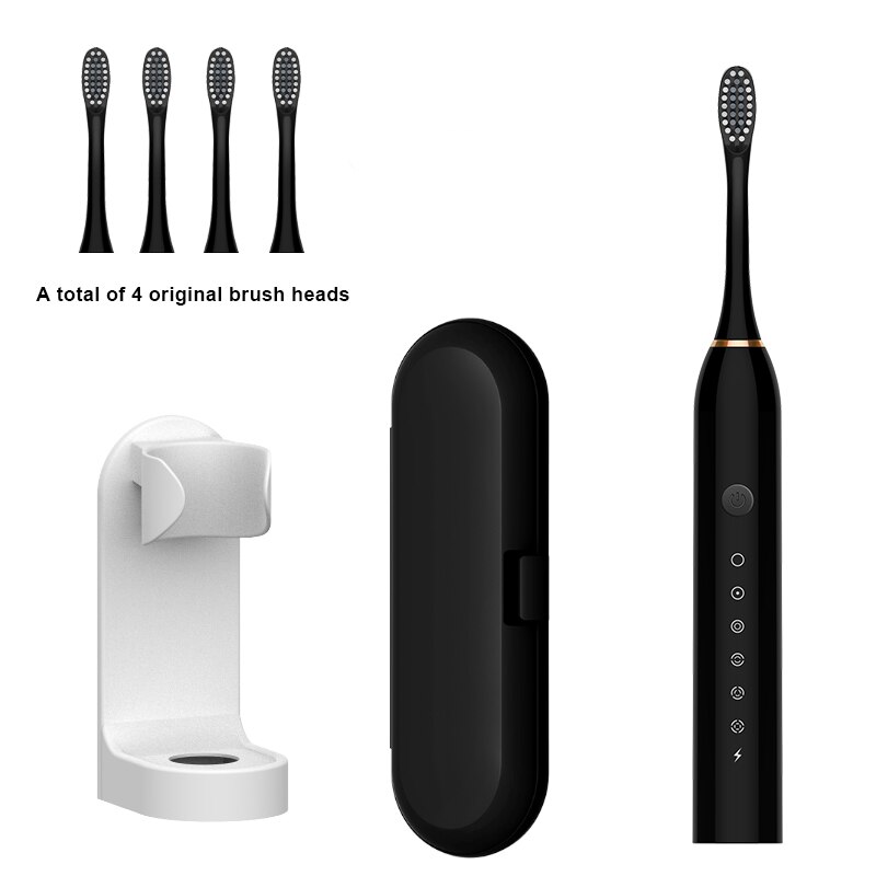 Sonic Electric Toothbrush Ultrasonic Automatic USB Rechargeable IPX7 Waterproof Whitening Teeth Tooth Brush Head Holder Adult: black 4 head set