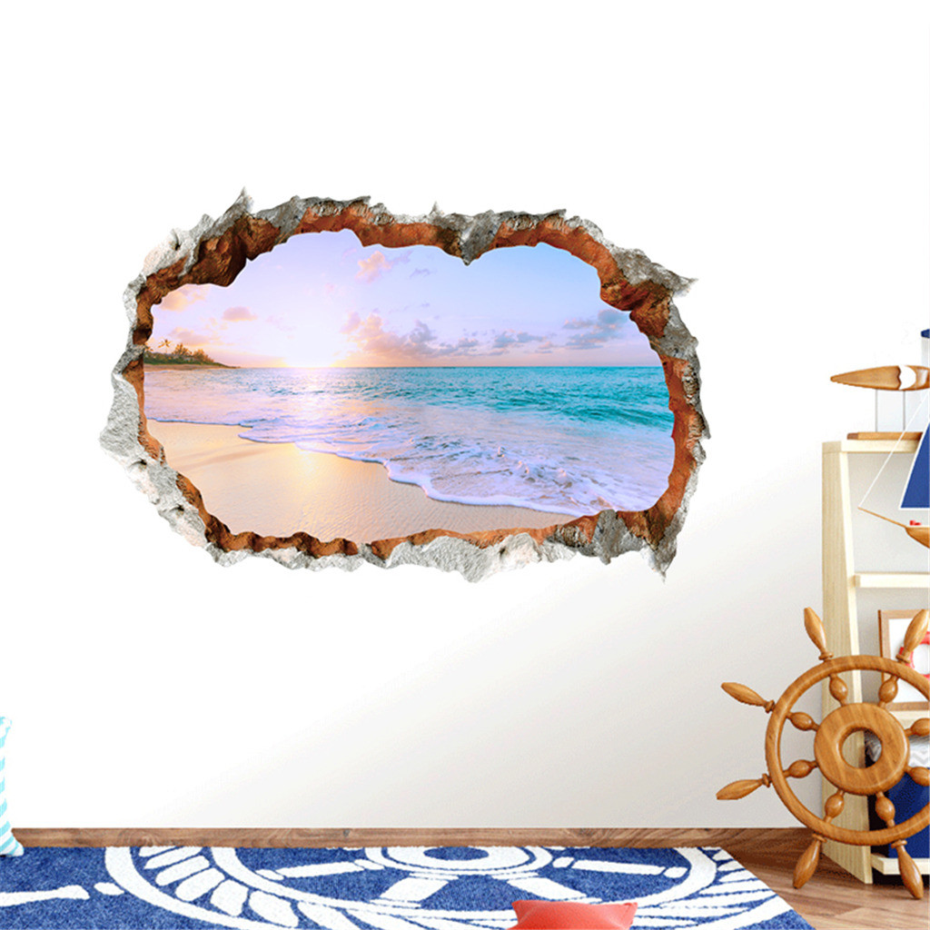 Zomer Strand Romantische 3D Window View Sticker Strand Muurschilderingen Verwijderbare Muursticker Voor Woonkamer Keuken Muur Poster