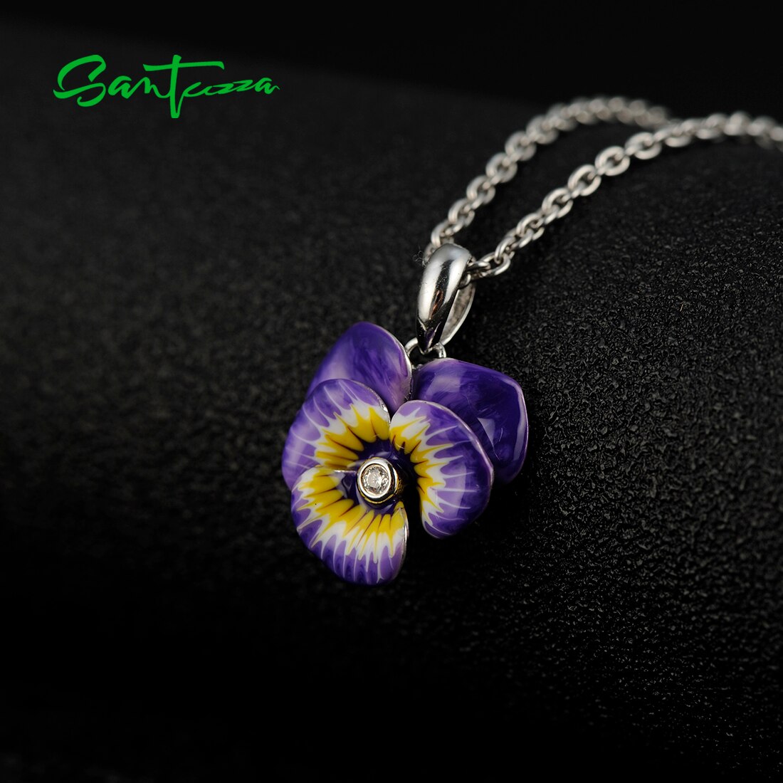 SANTUZZA Pure 925 Sterling Silver Pendant For Women Delicate Purple Flower Trendy Fine Jewelry Handmade Enamel