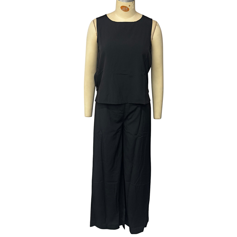 Wefads Two Piece Set Women Casual Simple Solid Sleeveless Round Neck Vest Pullover Top Loose Wide Legs Pants Sets