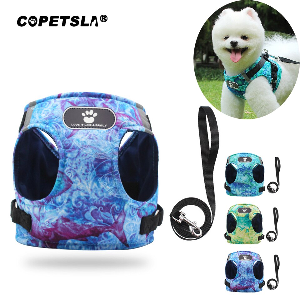 Copetsla One Piece Dog Harness Ocean printing Vest Puppy Cat Harnesses Reflective pet Walking Lead Leash soft dog chest strap