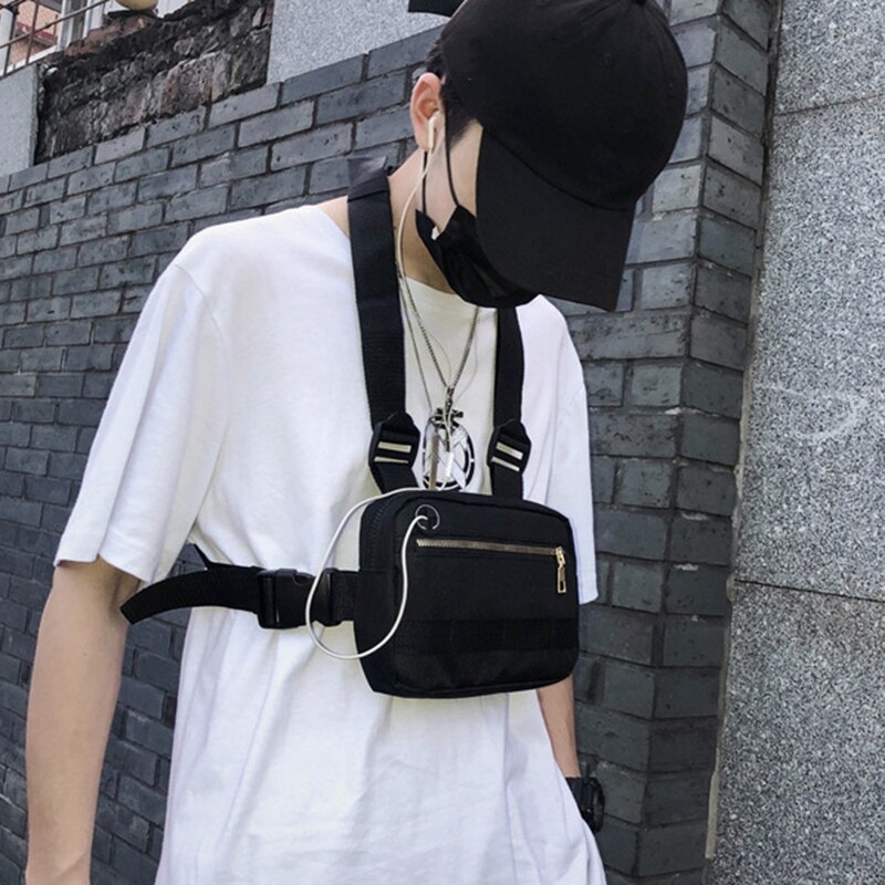 Bolsa de pecho para hombre, pequeña ropa informal estilo Hip Hop, bolsa de pecho funcional, bolso cruzado de hombro, bolsas de ropa de calle ajustables, riñoneras blancas