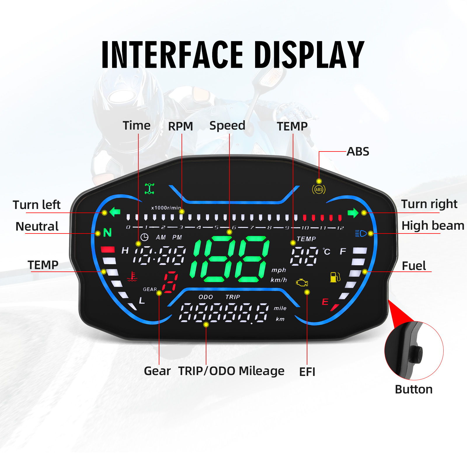 Medidor de 12000 RPM para motocicleta, velocímetro Digital LCD, odómetro, tacómetro, medidor de combustible, tablero de moto Km/h, medidor de velocidad MPH personalizado