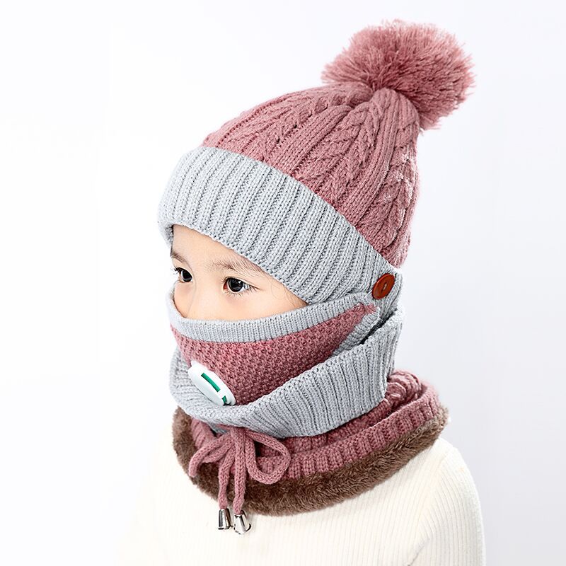 3 in 1 Kids Knitted Scarf Hat Face Mask Set with Breathing Valve Winter Warm Soft for Children Outdoor -MX8: leather red