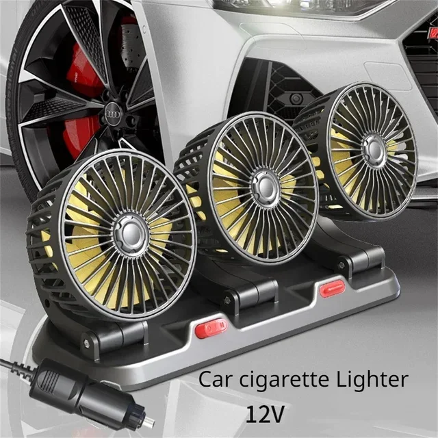 Ventilador de coche 360 ° Ventilador de aire ajustable de 3 cabezales, ventilador eléctrico automotriz, ventilador USB/12V/24V, ventilador silencioso de 2 velocidades para el hogar, escritorio, oficina y coche: YELLOW