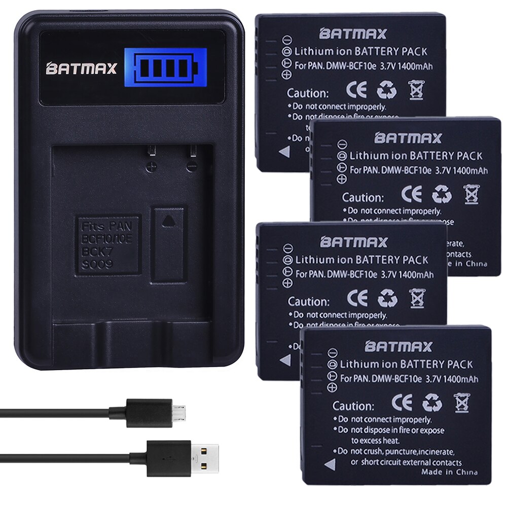 Batamx 1400mAh DMW-BCF10 DMW-BCF10E DMW-BCF10PP Battery+LCD USB Charger for Panasonic Lumix CGA-S/106B, DMC-F2, DMC-F3, DMC-FH1: 4 battery 1 charger