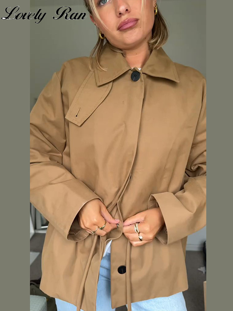 Casual Solid Vrouwen Jas Elegante Lange Mouw Revers Lace Up Geplooide Knop Vrouwelijke Uitloper 2025, Herfst Dame Streetwear