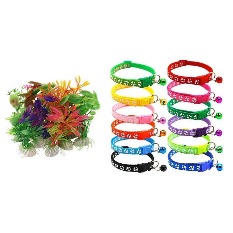 10 X Gemengde Kunstmatige Aquarium Fish Tank Water Plant Plastic Decoratie Ornament Met 12 X Kat Kraag En Bel