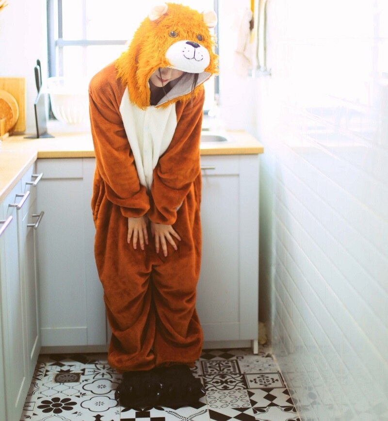 Kigurumi lion-Pijama de una pieza con capucha de manga larga para hombre y mujer, para adultos, animal cálido, kegurumi