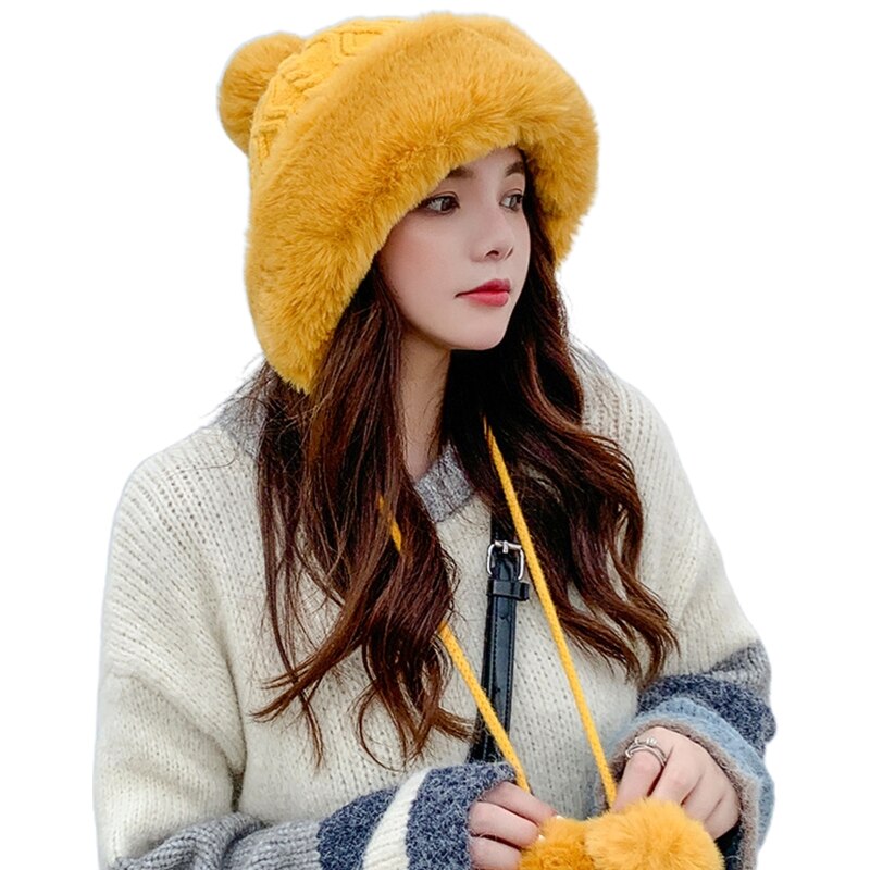 Vrouwen winter warme pluche kabel gebreide bomber muts pompon oorkleppen trapper pet warmer: Geel