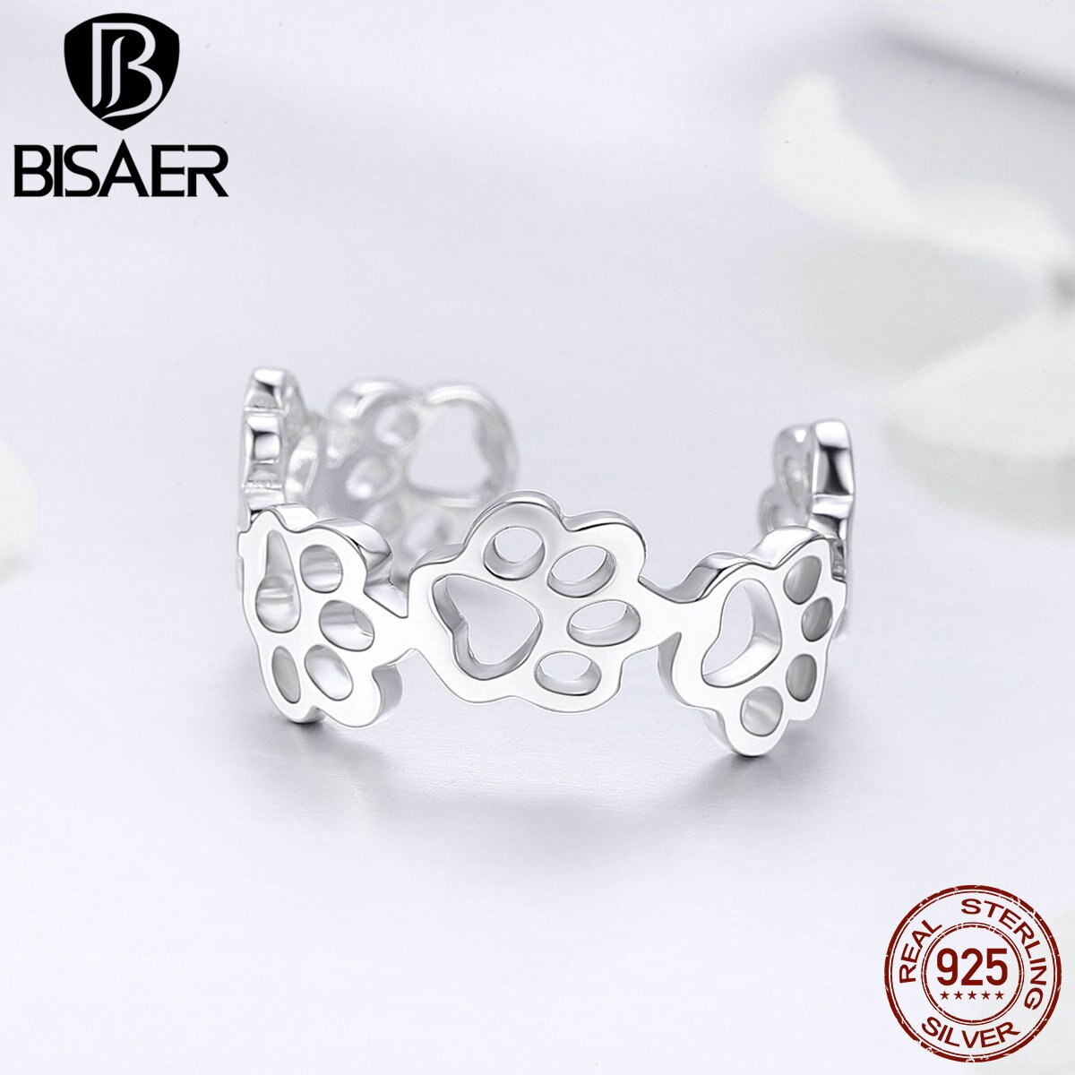 BISAER-anillo ajustable para mujer, de Plata de Ley 925, con huellas de animales, huellas de perro y gato, joyería 925