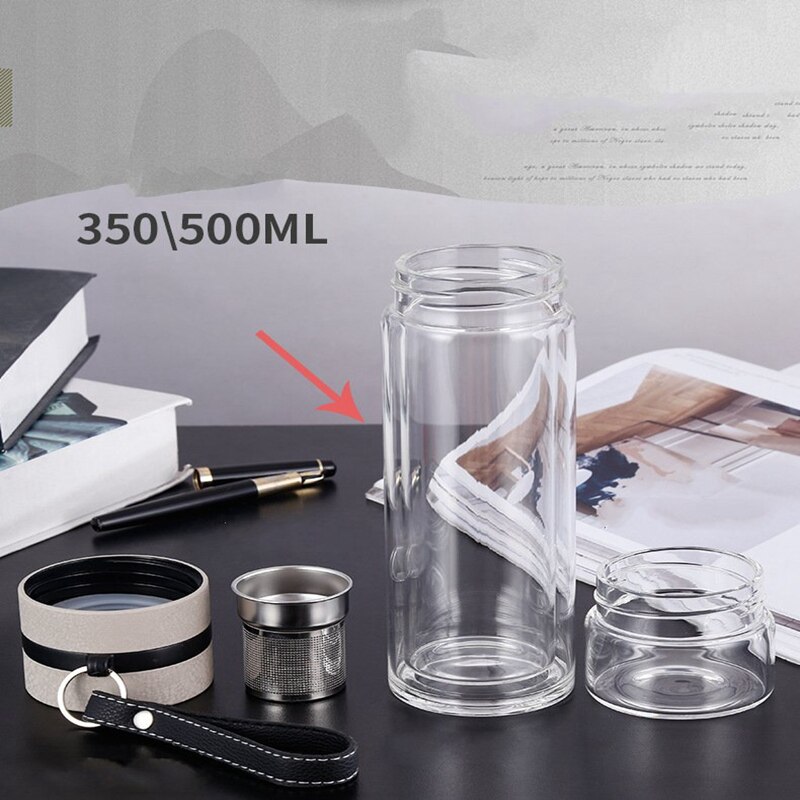 Rejse drikkevarer bærbar dobbelt væg glas teflaske te infuser glas tumbler rustfrit stål filtre te filter glas