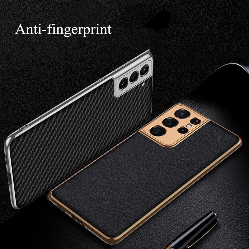 Luxury Plating Leather Texture Case for Samsung Galaxy S21 Ultra S21 Plus 5G Cover Hard Protective Phone Case Anti-Konck Coques