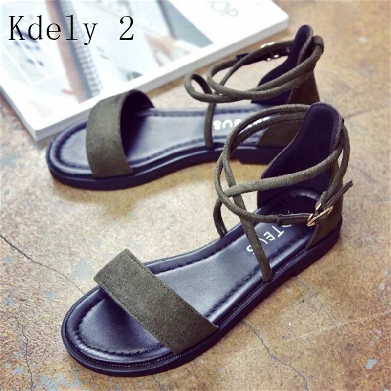 Sommer kvinder sandaler flad hæl læder flade sandaler damer originale slingback sandaler strandsko klassiske sandaler: Militærgrøn / 5