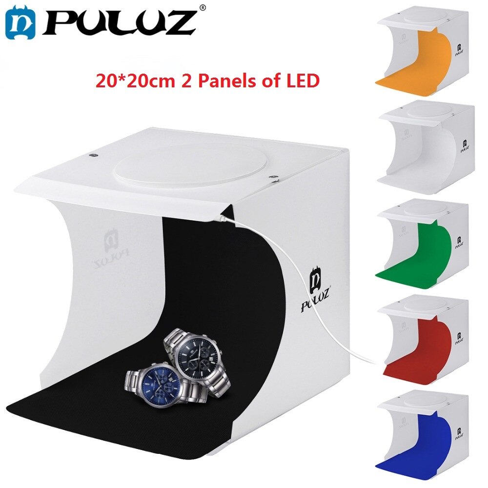 PULUZ 20cm Mini Studio Diffuse Soft Box Lightbox 2 LED Panels 1100LM Light Tabletop Shooting Photo Studio Box 6 Color Backdrops