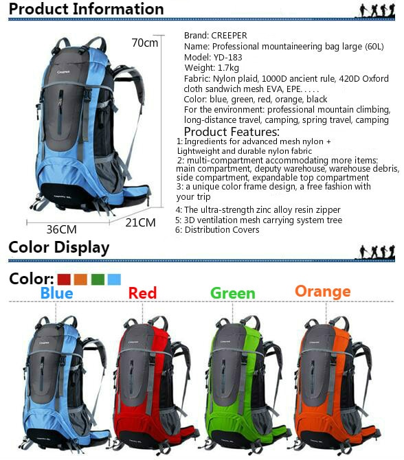 Creeper 60L Waterproof Rucksack Internal Frame Climbing Camping Hiking Backpack Mountaineering Bag