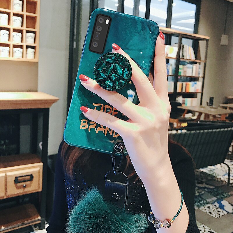 For Huawei Y8P Y7P Y6P Y5P Case Green Rhinestone Ring Holder Silicon Soft Case Y8P Y7P Y6P Y5P Back Cover With Hairball