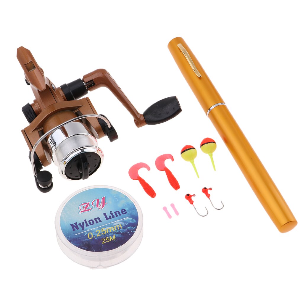 Mini Draagbare Pocket Pen Size Hengel Spinning Reel Lijn Haak Aas Set Combo Vissen Tackles Tool: Gold