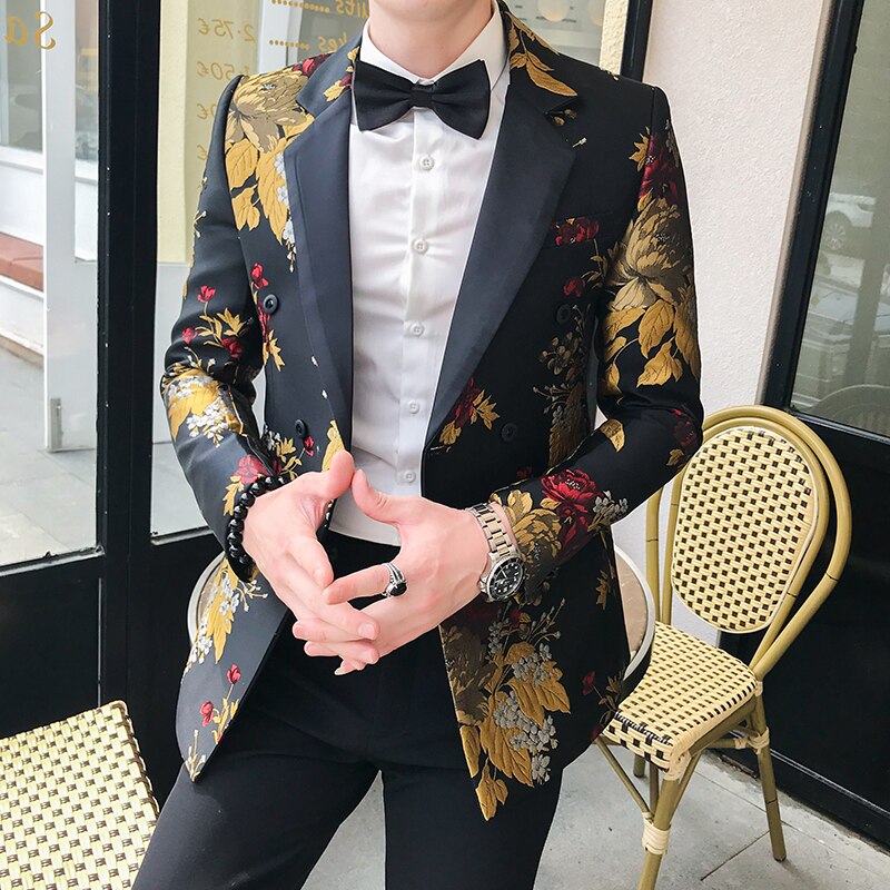 Blommig kavaj herr svart guldtryck slim kavaj dubbelknäppt gentleman wedding club casual kavaj