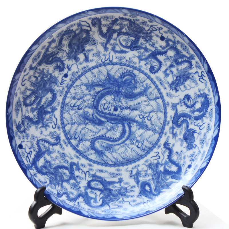 Jingdezhen keramisk dekorationsplade hængende tallerken blå og hvid ni drager porcelæn kinesisk husstand