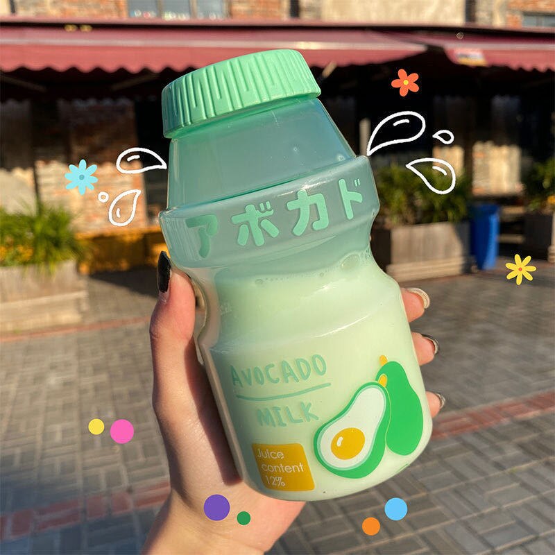 480ml Plastic Water Bottle Tour Drinking Bottle Yakult Shape Cute Kawaii Milk Carton Shaker Bottle for Kids/Girl/Adult BPA Free: Transparent Avocado