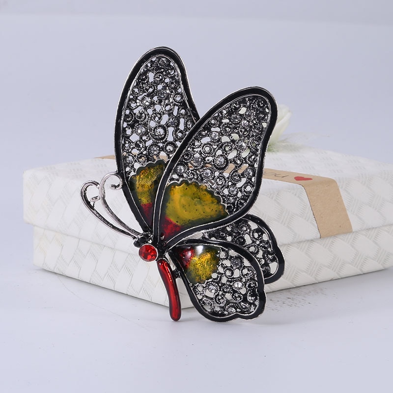 JUJIE Gun Black Big Butterfly Brooch Crystal Animal Personality Brooches For Women