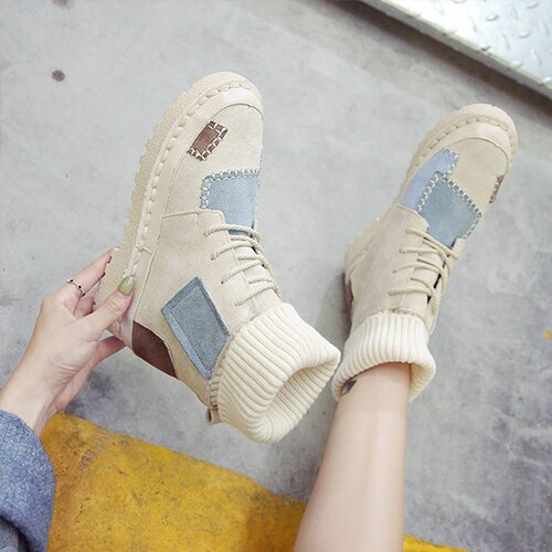 Ankle Boots For Women Sock Boots Patchwork Ladies Casual Platform Flat Woman Warm Plush Female Sewing Shoes: Beige / number 1 for 35