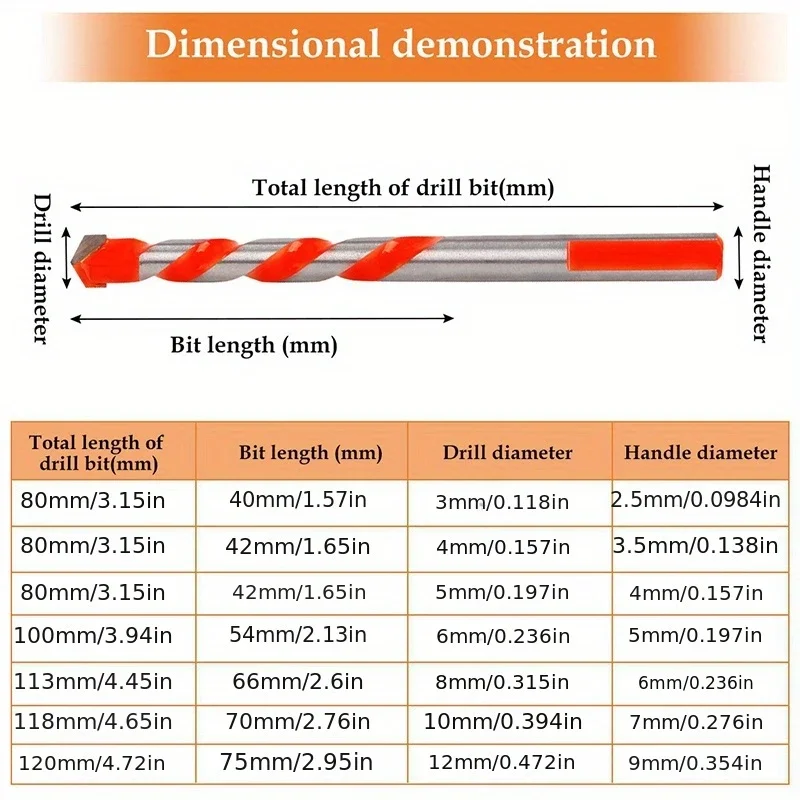 Tungsten Carbide Masonry Drill Bit Set for Metal Steel Porcelain Ceramic Tile Concrete Brick Wood 3-12mm Drilling Tools