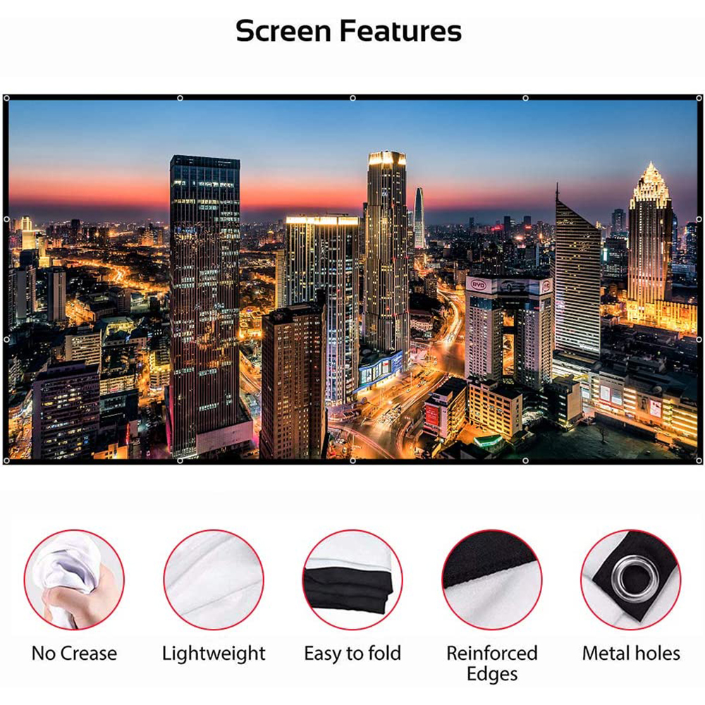 Pantalla de proyector plegable portátil para interiores y exteriores, pantalla de proyección suave de 60-200 pulgadas, alta densidad, blanca, menos pliegues, 16:9