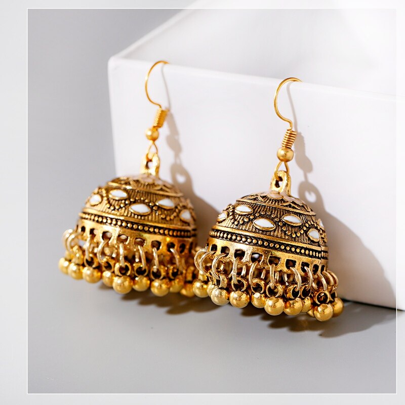 Women&#39;s Vintage Ethnic Green Gypsy Gold Indian Earrings Boho Jewelry Retro Bell Tassel Carved Ladies Jhumka Earrings: Style 2