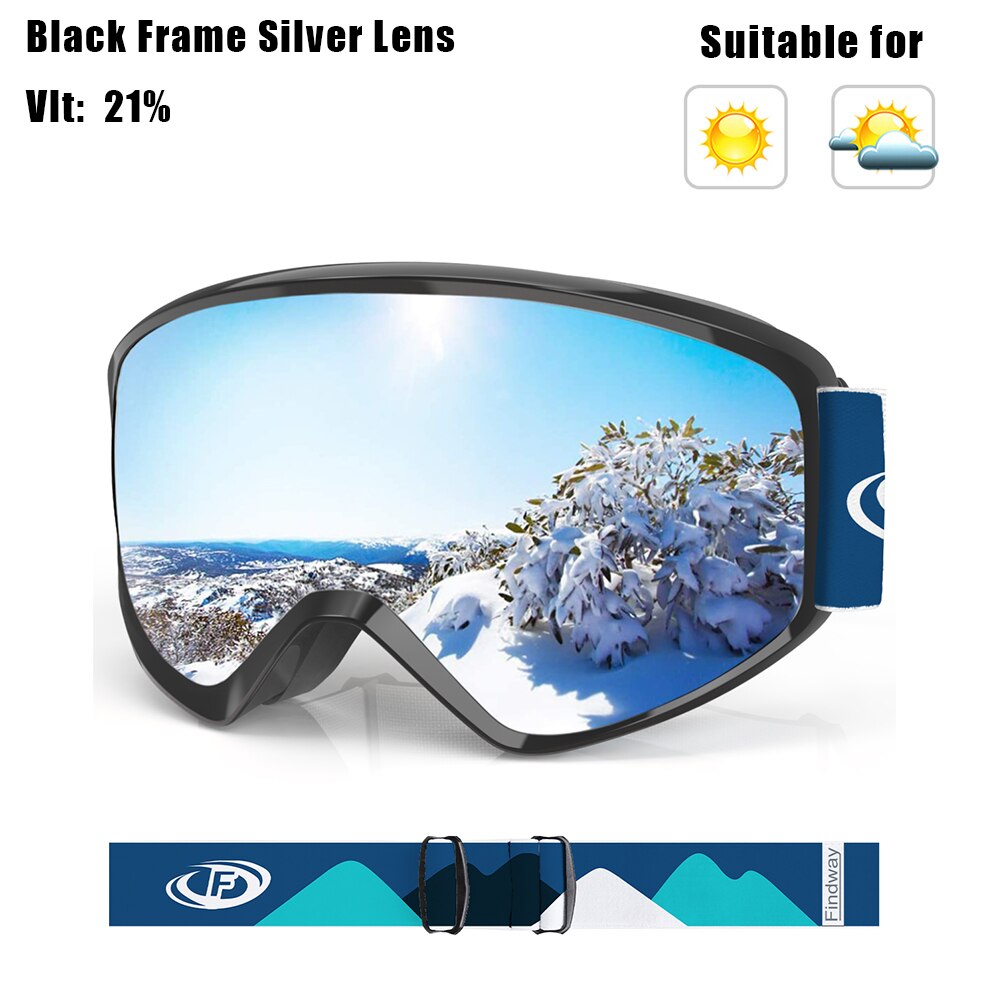 [RU magazzino locale] occhiali da sci per bambini di marca findway OTG occhiali da Snowboard invernali antiappannamento per età 8-14 ragazzi ragazze bambini gioventù: Black Frame Silver