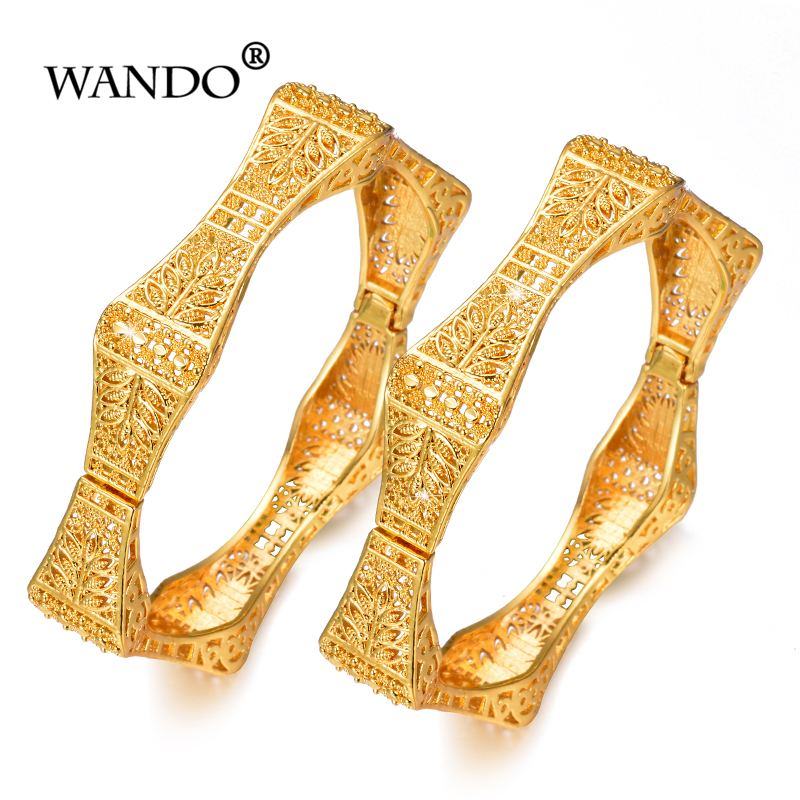 WANDO 2 stks/partij Geometrische Polygon Armband Ethiopische Goud kleur Open Manchet bladeren Bangle Sieraden Dubai Bruid Huwelijkscadeau b151