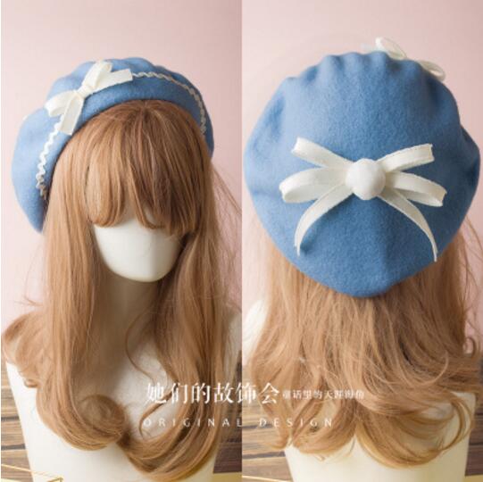 17 Kleuren Lolita Baretten Wol Blend Hoed Vrouwen Meisjes Boog Plaids Streep Sailor Stijl Preppy Chic Studenten Cap: L
