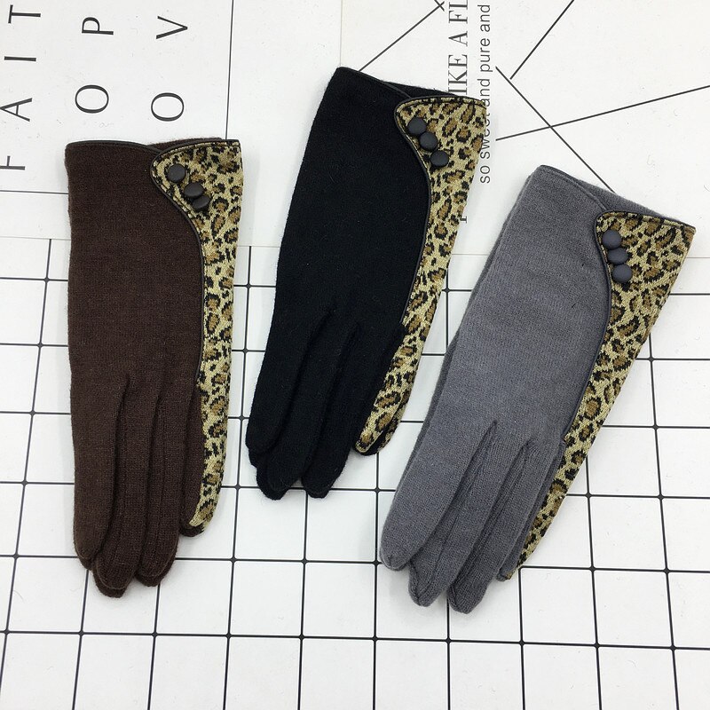 Guantes con botón de leopardo Retro, guantes clásicos de lana para mujer, guantes cálidos y finos para conducir en otoño e invierno D20