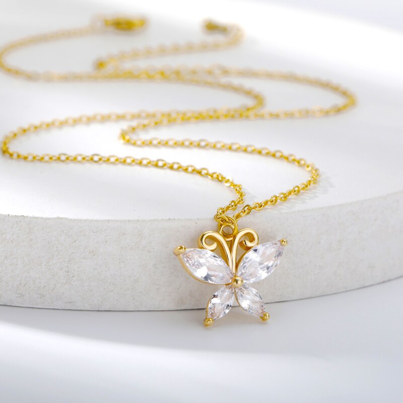 Cubic zircon butterfly necklaces for women, stainless steel gold butterfly pendant charm necklace, girls' birthday jewelry