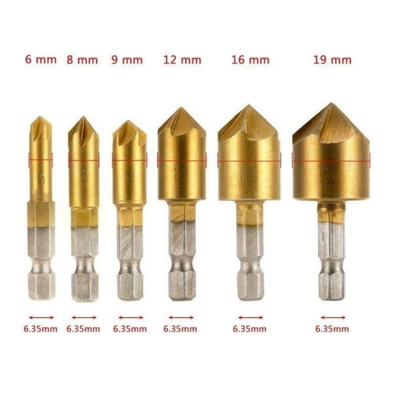 HSS Titanium Countersink Deburring Chamfering Drill 5 Flute Countersink Drill Bit Set 90 Degree Counter Sink Chamfer Cutter