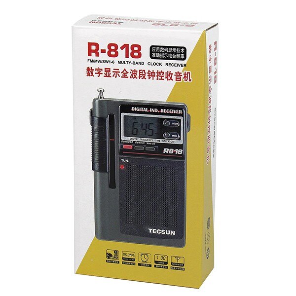 TECSUN-Radio FM/MW/SW de bolsillo, receptor de banda completa, reloj Digital, alarma + antena externa, TECSUN R-818, 1 unidad