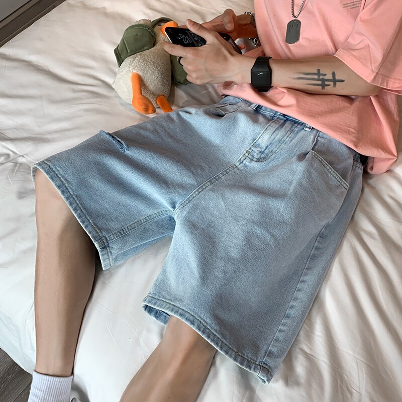 Summer Men&#39;s Ripped Hole Jeans Shorts Blue Casual Knee-length Denim Short Pants Cotton Washed Classic Bermuda Shorts Male