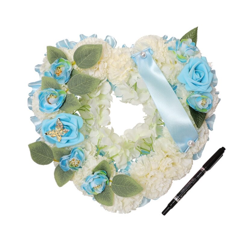 Artificial Flower Garland Funeral Floral Arrangements Heart Shaped Tribute Memorial Wreath with Ribbon Grave Halls Decor: Blue