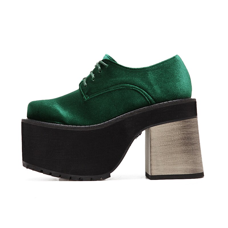 Sammet punk rock plattform klack skor kvinnor ankel boots tjocka klackar svart vin röd gröna skor