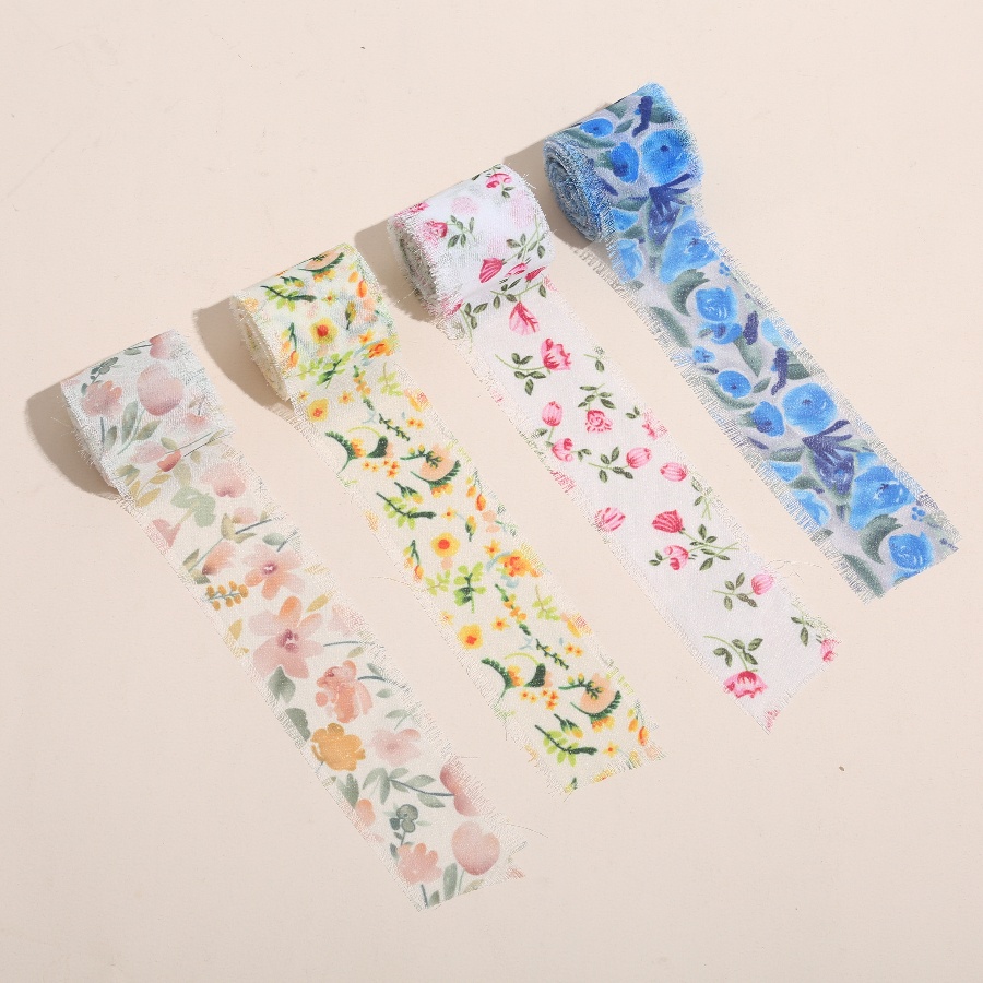 1 Roll 5m*4cm Frayed Edged Satin Handmade Printed flowers Chiffon Silk Ribbon For Wedding Bouquets Birthday Party DIY Decoration