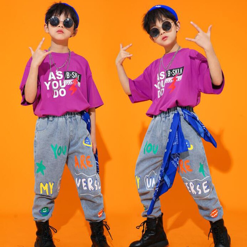 Barn hip hop dans kläder festival outfits lös t-shirt toppar jeans byxor pojke flickor jazz dans kostym kläder street wear