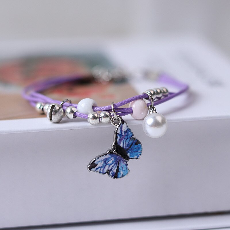 Brazalete con mariposa colgante separador con Perla azul para mujer y niña, PULSERAS CON ABALORIOS de estrellas, cadena para la muñeca, cadena ajustable con cierre de langosta: B