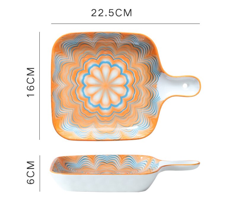 Bohemian Style Single Handle Square Baking Tray Ceramic Plate Household Dishes For Kitchen Utensils: 4