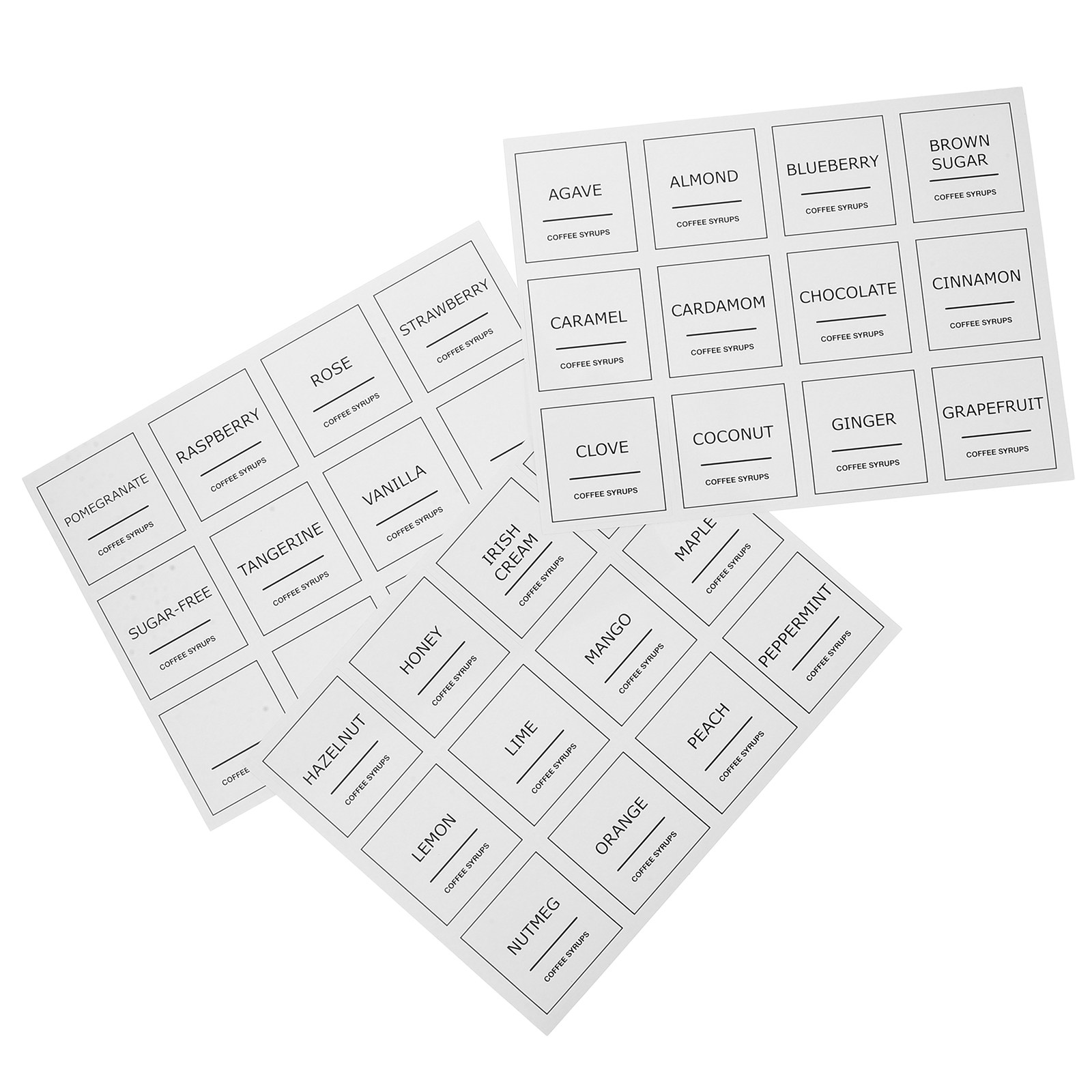 3 Blatt Kaffee-Etiketten, wasserfeste Kunststoffaufkleber für Sirupflaschen, transparente Klebeetiketten für Lebensmittelbehälter, Küchenorganisation