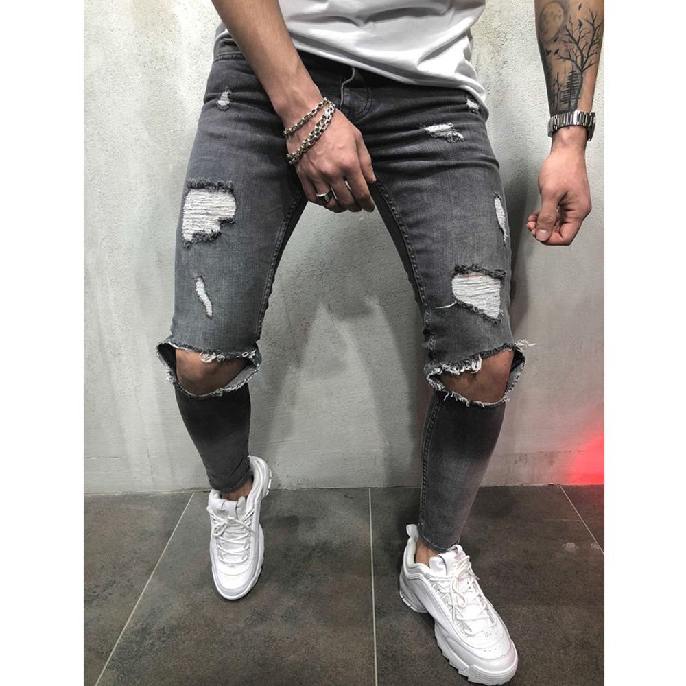 Streetwear Homme jean Vintage bleu gris couleur maigre détruit déchiré jean cassé pantalons décontractés Homme Hip Hop jean Homme: Gray / XL
